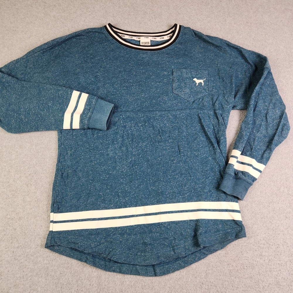 PINK Victoria's Secret T Shirt Womens XS Teal Blue Campus Single Pocket Stripe